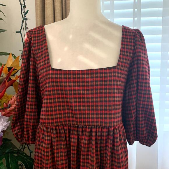 Hutch Square Neck Puff Sleeve Checker Plaid Mini Dress in Red Multi - Picture 3 of 8